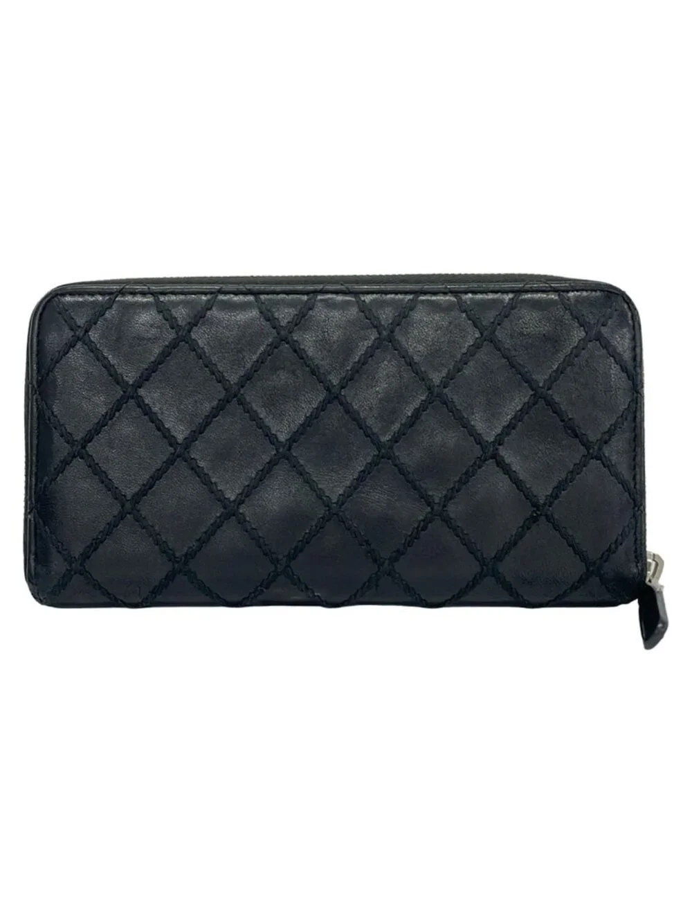 Chanel Wallet Wild Stitch Black Zip Around Silver Leather